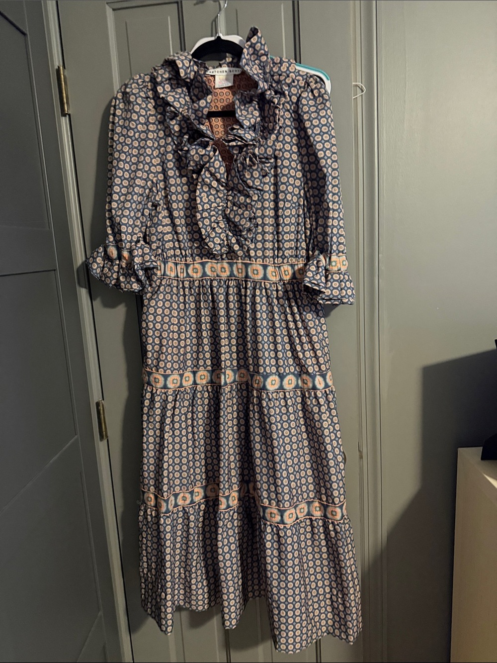 Ruffle-Neck Midi Dress in Navy and Cream